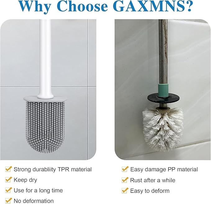 Silicone Toilet Brush and Holder Bendable Efficient Cleaning Wall Mounted Toilet Bowl Brush with Long Handle Brush Head and Silicone Bristles No Rusty Handles Problem (White)