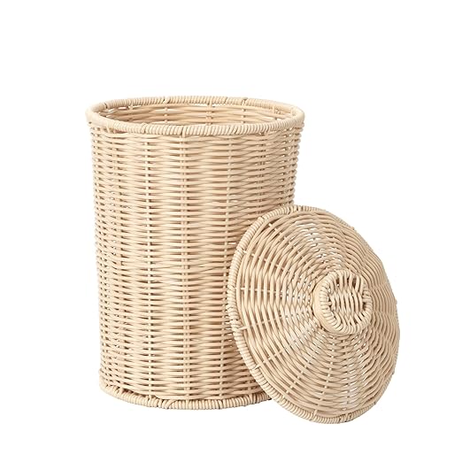 GRANNY SAYS Wicker Small Bathroom Trash Can with Lid, 2 Gallon Cute Decorative Waste Basket for Bedroom and Dorm, Office Garbage Cans for Under Desk, Mini Round Trash Bin for Decor, Off White