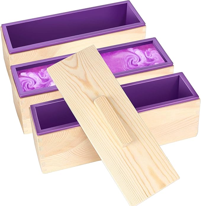 ZOENHOU 3PCS 42oz Soap Molds, Flexible Rectangular Silicone Soap Making Molds Kit with Wood Box DIY Tool Set for Soap Making Supplies
