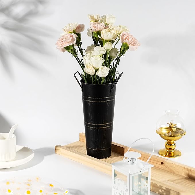 8 Pcs Galvanized Bucket Flower Bar, 9 Inch Flower Bucket and Metal Vase with Handles, Flower Bar Supplies and Buckets Farmhouse Vases for Wedding and Cut Flower (Black, 8 Pcs 9inch)