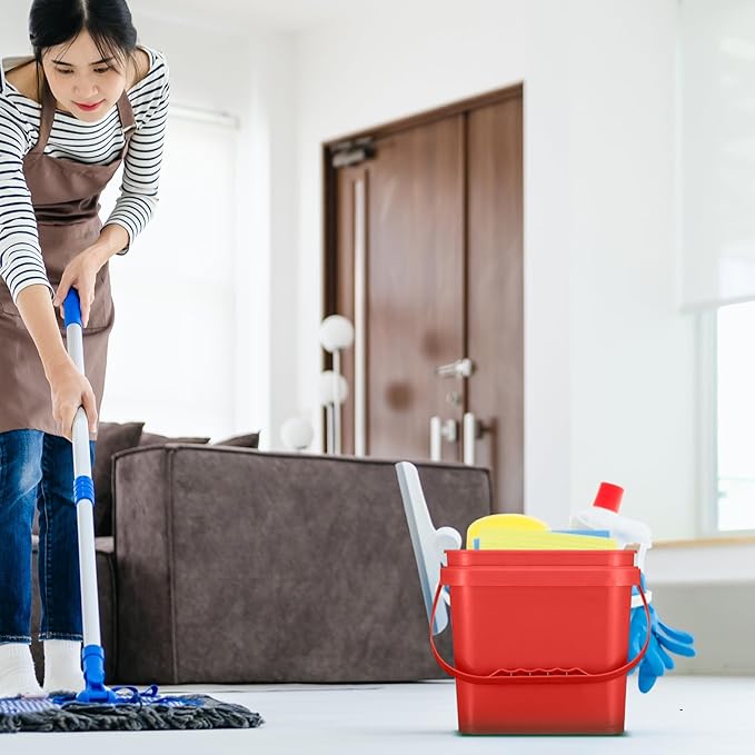 4 Pcs Plastic Bucket 5 Quart Square Bucket Utility Small Pail with Handle Sturdy Pail Organizer for House Cleaning Storage Livestock Feeding Car Washing Food Storage, No Lids(Red)