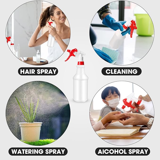 Gerrii 12 Pcs Plastic Spray Bottles with Adjustable Nozzle and Label for Cleaning 24 oz Anti Leak HDPE Spraying Bottles Empty Water Squirt Bottle (Red)