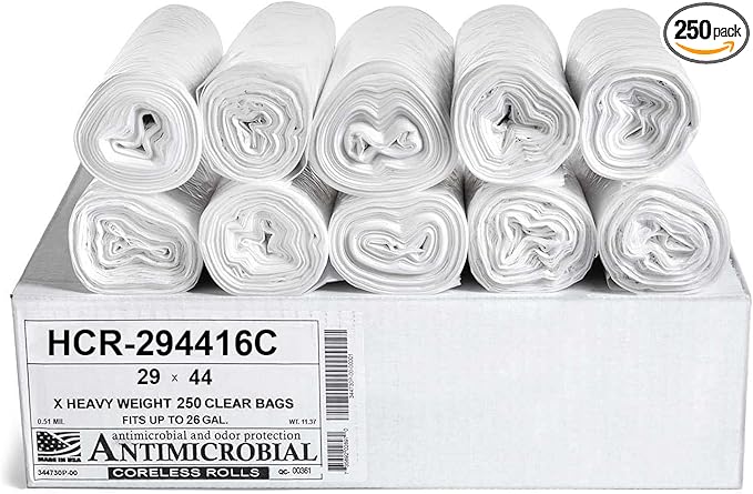 Aluf Plastics High Density Trash Bags, 26 Gallon, 250 Count, 16 Micron (eq), 29" x 44", Clear, for Bathroom, Office, Industrial, Commercial, Janitorial, Municipal, Recycling