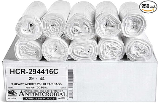 Aluf Plastics High Density Trash Bags, 26 Gallon, 250 Count, 16 Micron (eq), 29" x 44", Clear, for Bathroom, Office, Industrial, Commercial, Janitorial, Municipal, Recycling