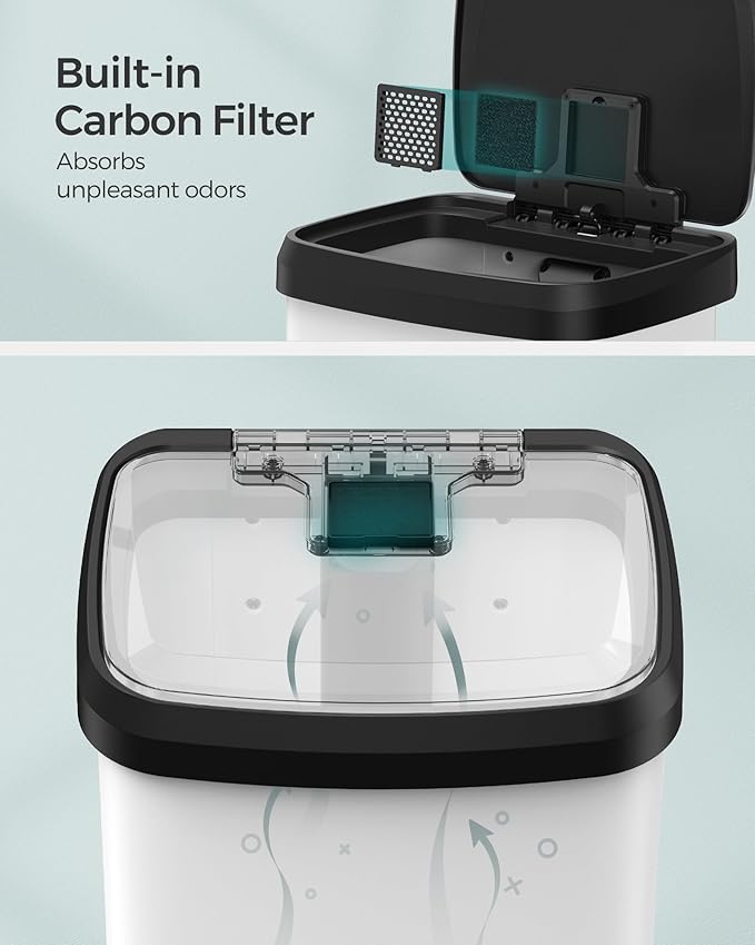 SONGMICS Kitchen Trash Can, 13 Gallon (50 L) Stainless Steel Garbage Can, with Stay-Open Lid and Step-on Pedal, Soft Closure, Tall, Large and Space-Saving, White and Black ULTB530W50