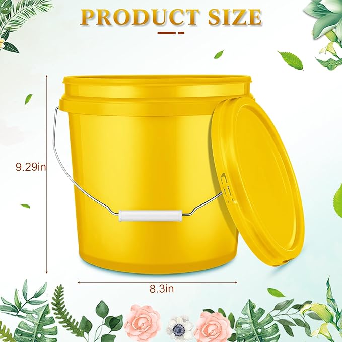 6 Pack 2 Gallon Plastic Bucket with Lid Heavy Duty Pail with Metal Handle Reusable Small Multipurpose Paint Buckets Container for Food Storage(Yellow)