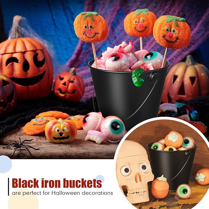 24 Pcs Mini Metal Buckets Black Small Bucket Galvanized Pail Iron Flower Pot Pencil Holder with Handles for Halloween, Christmas, Party Favors, Black Wedding Decor, Craft, Candy Bars, Vase, Classroom
