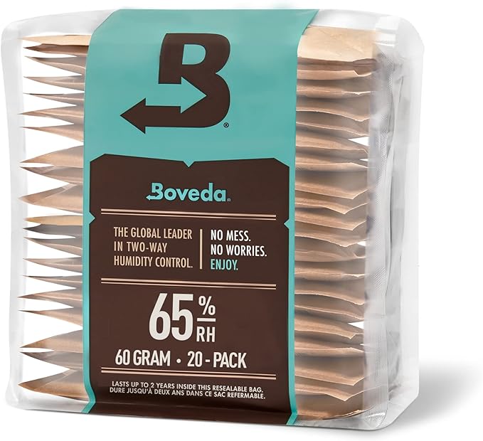 Boveda 65% Two-Way Humidity Control Packs For Aging & Long-Term Storage in Plastic & Wood Boxes – Size 60 – 20 Pack – Moisture Absorbers – Humidifier Packs – Hydration Packets in Resealable Bag