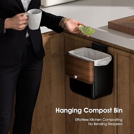 Vintage Kitchen Trash Can with Lid, Large 3.2 Gallon/12 Liter Capacity, Hanging Compost Bin, for Under Sink or Cupboard, Bathroom, Bedroom, Black