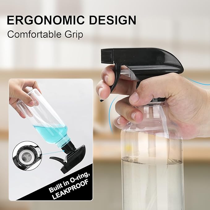 Spray Bottles Plastic Spray Bottle for Hair Mist/Stream Heavy Duty Empty Spray Bottles for Cleaning Solutions, Plants, Cooking (12oz-Blackclear+nozzle)