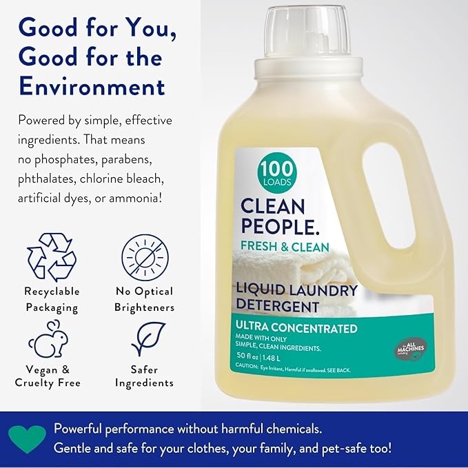 The Clean People Liquid Laundry Detergent - Recyclable Packaging, Stain Fighting - Ultra Concentrated, Laundry Soap - Fresh Scent, 50 fl oz (2 Pack)