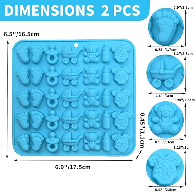 2 Pack Baby Shower Chocolate Molds - Baby Feet, Baby Onesie Baby Bottle Pacifier Baby Carriage Bear Mold, Baby Silicone Mold for Candy Gummy Cake Cupcake Decoration Chocolate