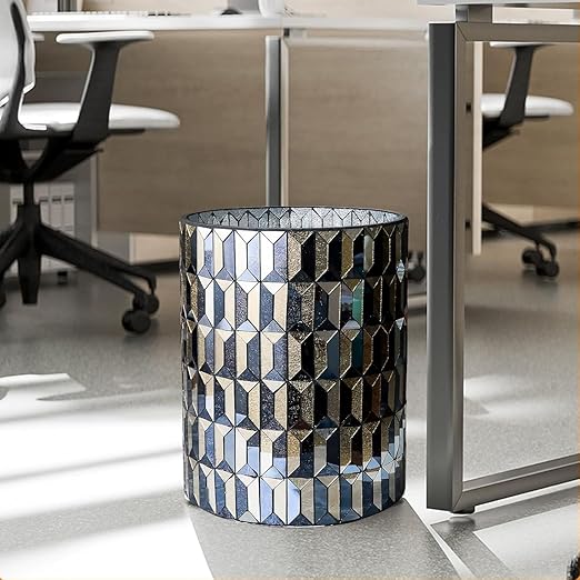 Escenzy Modern Bathroom Trash Can Mosaic Glass 6L | Decorative Small Garbage Can | 8" x 10" | Luxury Waste Basket for Restroom, Office, Bedroom & Kitchen | Shiny Black and Gold Bathroom Accessories
