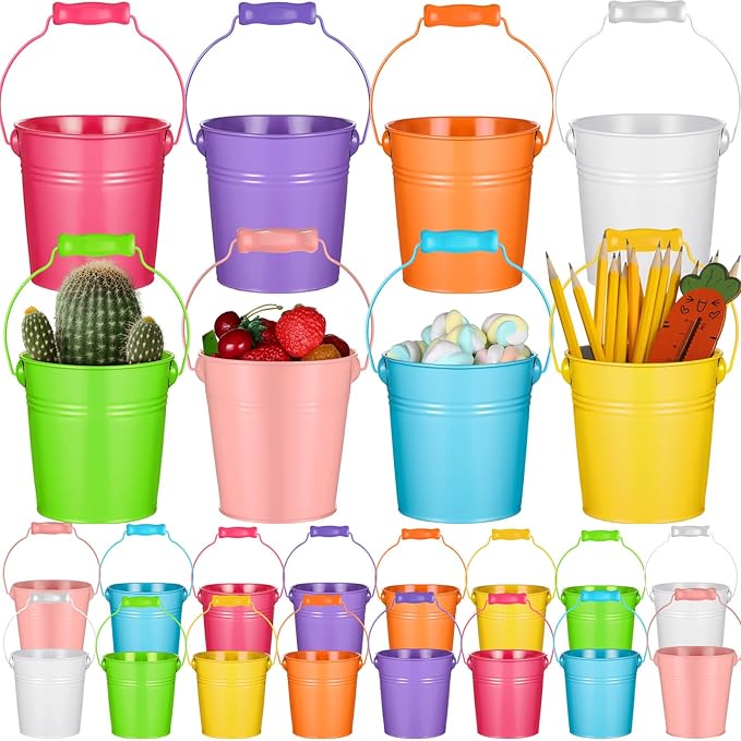 Therwen 24 Pieces Small Metal Buckets Colored Galvanized Bucket Round Metal Pail for Kids Classroom Candy Crafts,Utensils, Vase Party Favor(Wood Handle,4.13 Inch)