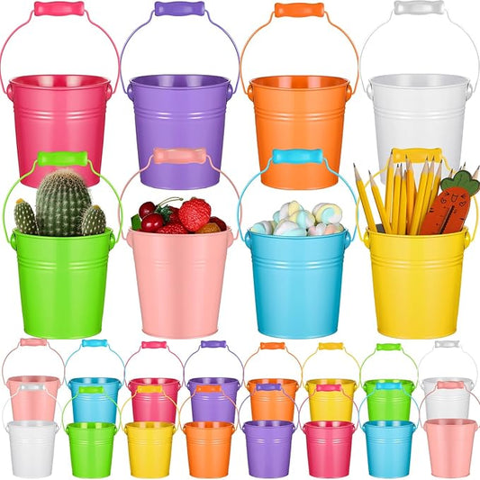 Therwen 24 Pieces Small Metal Buckets Colored Galvanized Bucket Round Metal Pail for Kids Classroom Candy Crafts,Utensils, Vase Party Favor(Wood Handle,4.13 Inch)