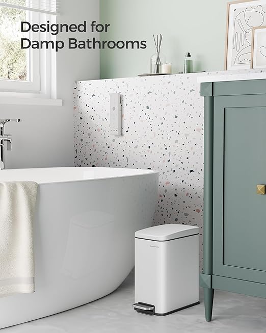 SONGMICS Bathroom Trash Can, 1.3 Gallon (5 L) Small Trash Bin with Lid, Slim for Small Spaces, Stainless Steel Garbage Can, Soft Close, White ULTB560W05