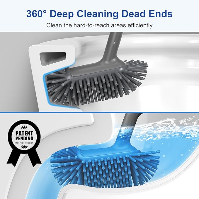 HAMITOR Toilet Bowl Brush Holder Set: Deep Cleaning Silicone Toilet Cleaner Scrubber Under Rim with Curved Bristle for Bathroom Dead Corner Clean - Modern Rv Toilet Decorative Accessories - Gray