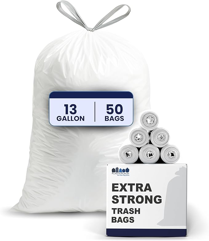Plasticplace 13 Gallon Trash Bags │ 1.2 Mil │ White Extra-Large Drawstring Garbage Can Liners │ 24" x 31" (50 Case)