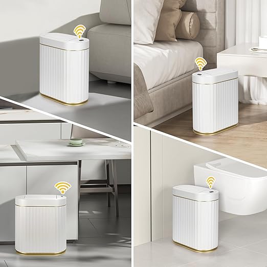 ELPHECO Bathroom Trash Can with Lid Butterfly, Motion Sensor Trash Can Bathroom Decor Automatic Garbage Can Wastebasket Bathroom Accessories, Kitchen, Living Room, Office, White Gold