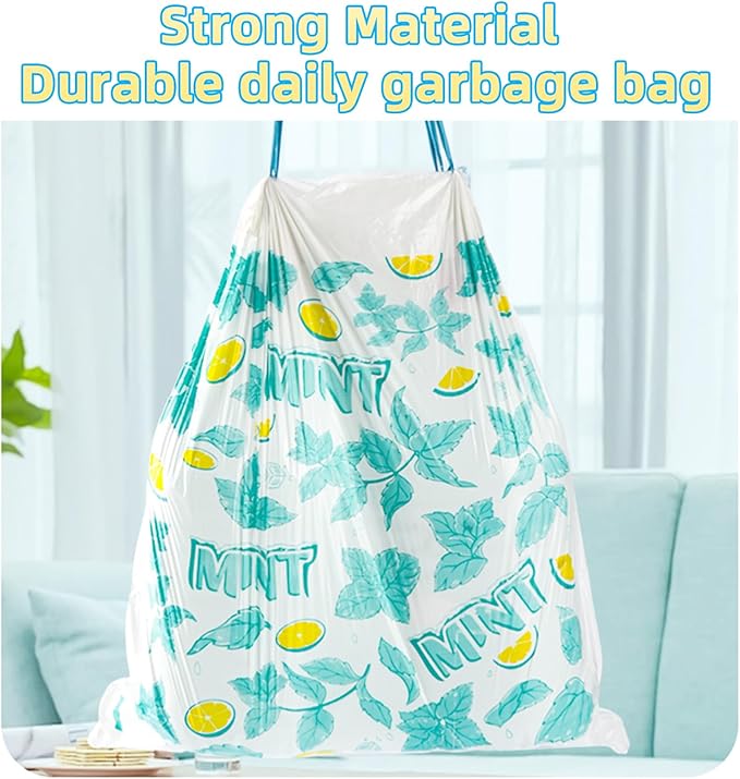 13 Gallon Trash Bags Drawstring, 50 Count Tall Kitchen Trash Bags, Sturdy Large Trash Bags, Lemon & Mint Printed Garbage Bags 13 Gallon Tall Kitchen, Tear Resistant Kitchen Garbage Bags for Kitchen