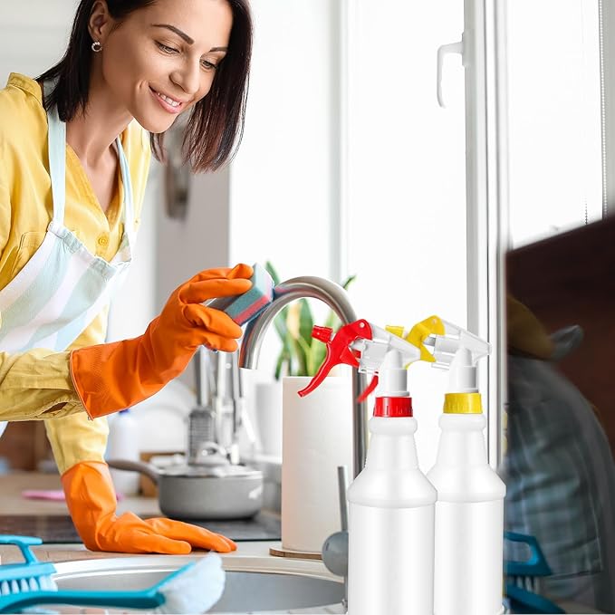 Gerrii 12 Pcs Plastic Spray Bottles with Adjustable Nozzle and Label for Cleaning 24 oz Anti Leak HDPE Spraying Bottles Empty Water Squirt Bottle(Red, Yellow)