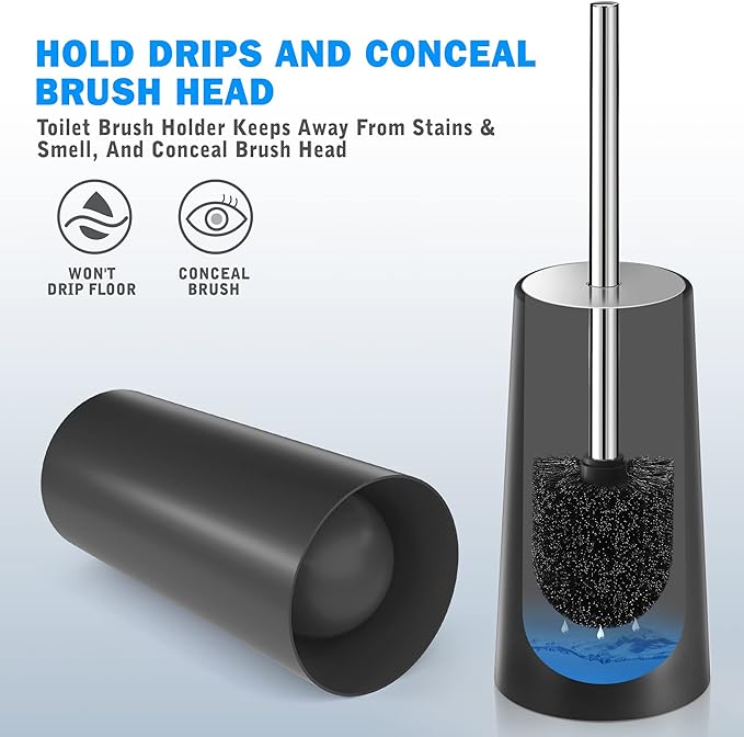 Toilet Brush and Holder, Toilet Brush with 304 Stainless Steel Long Handle, Toilet Bowl Brush for Bathroom Toilet-Ergonomic, Elegant,Durable（Black）