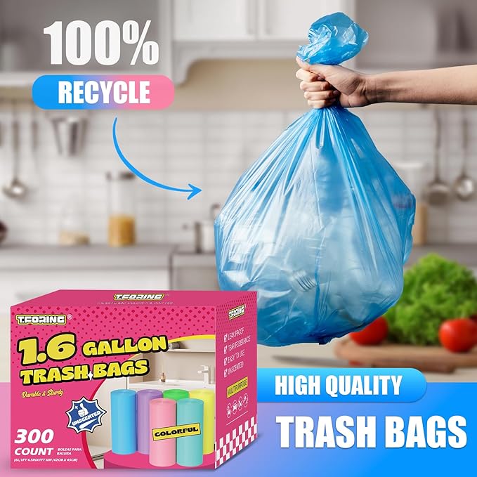 300 Count 1.6 Gallon Mini Trash Bags - 6 Liter Colored Small Garbage Bags Unscented Mini Can Liners Leakproof & Tear Resistant for Bathroom Office Dorm Car