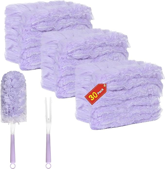 30 Pack Duster Refills Compatible with S wiffer Dusters, Multi Surface 360° Heavy Duty Duster Refills with 4X Fluffy Fiber, Dust Removal Tools Refill Replacenments Cleaning Dusters W/ 2 Handles