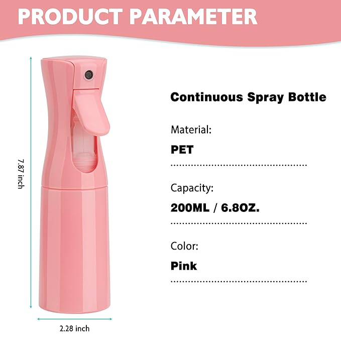 Spray Bottle for Hair (6.8OZ /200ML) Continuous Ultra Fine Mist Sprayer for Hair, Salons, Barber, Plants, Skin Care, Cleaning 2 Pack Pink