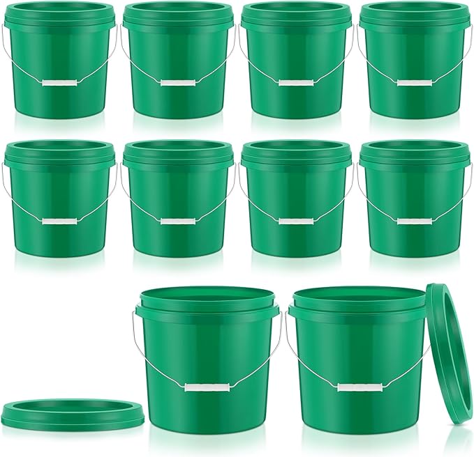 Tioncy 10 Pcs 2 Gallon Plastic Bucket with Lid Heavy Duty 2 Gallon Bucket Pail with Lid Handle for Storage Container Home Household Cleaning (Green)