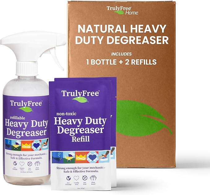 Truly Free Heavy Duty Degreaser- Grease Remover & Grime Cleaner for Kitchen, Automotive & More, Household Cleaning Supplies, Fragrance-Free, Includes 16 oz Reusable Empty Bottle & 2 Refills (4 oz)