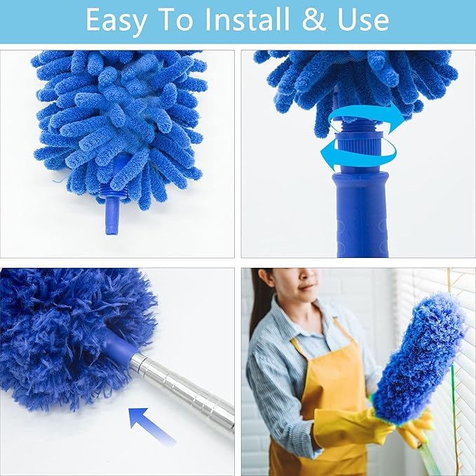 Cobweb Duster with Extension Pole, Washable Cleaning Duster Kit with 3 Duster Heads, Cobweb Duster, Corner Brush, 15-100 Inch Long Aluminum Telescoping Pole for Ceiling Fan (Blue)
