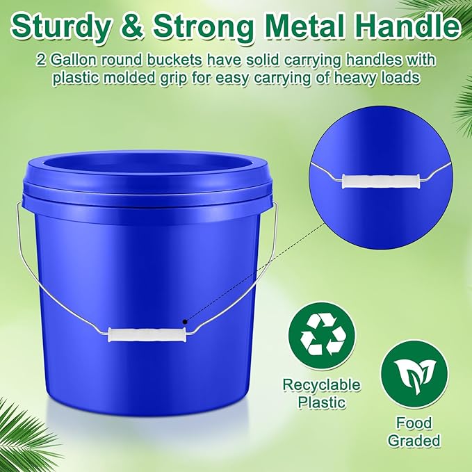 Tioncy 24 Pcs 2 Gallon Plastic Bucket with Lid Heavy Duty 2 Gallon Bucket Pail with Lid Handle for Storage Container Home Household Cleaning (Blue)