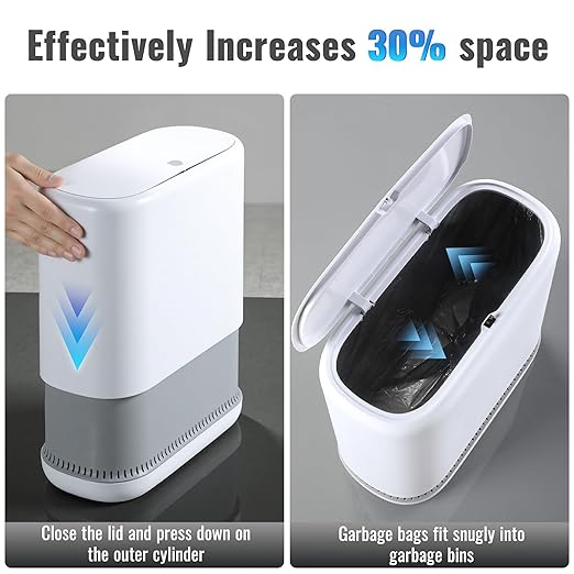 Spreezy Bathroom Trash Can with Lid, 2.3 Gallons / 8.6 L Small Waste Basket, Pneumatic Adhesion Style Garbage Can for Kitchen, Bedroom, Living Room, Office, Trash Bin Includes 5 Rolls of Trash Bags