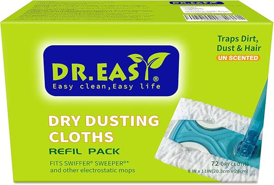 Dr.Easy Dry Sweeping Cloths,72ct Disposable Mopping Pads Refil Pack,fits SWIFFER Sweeper and Other Electrostatic Mop Heads for Floor Mopping and Cleaning.Bigger Size 8x11in,Catch& Lock Dirt & Hair.