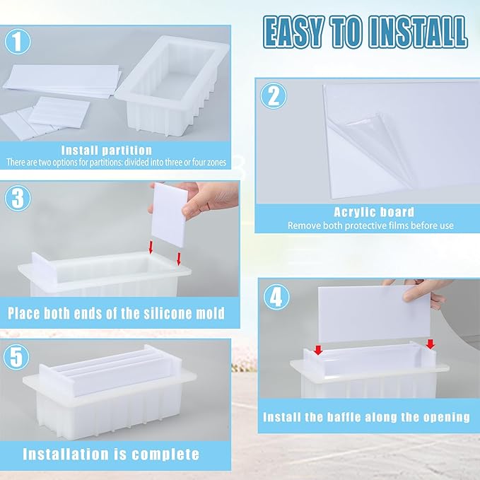 42oz Silicone Soap Mold Loaf Soap Making Mold with 5 Acrylic Dividers for DIY Handmade Soap Swirl Making Tools, white
