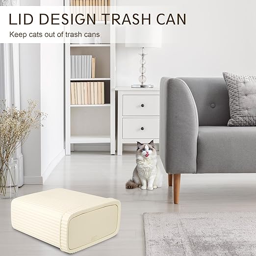 UUJOLY Small Bathroom Trash Can with Lid Slim Wastebasket Garbage Can Plastic Container Basket Trash Bin for Kitchen, Laundry Room, Office, Kids Room, Dorm, Beige, 2.4 Gallon