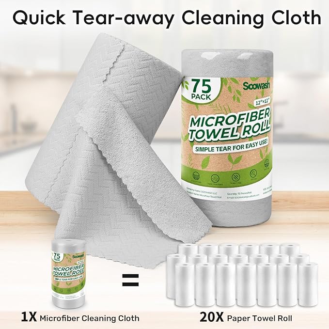 Microfiber Cleaning Cloths Roll, 75 Pack Tear Away Microfiber Towels Roll, 12" x 12" Lint Free Rags, Reusable Cleaning Cloths, Washable, Scratch Free,Ultra Absorbent Dish Rags(Grey Ripple)