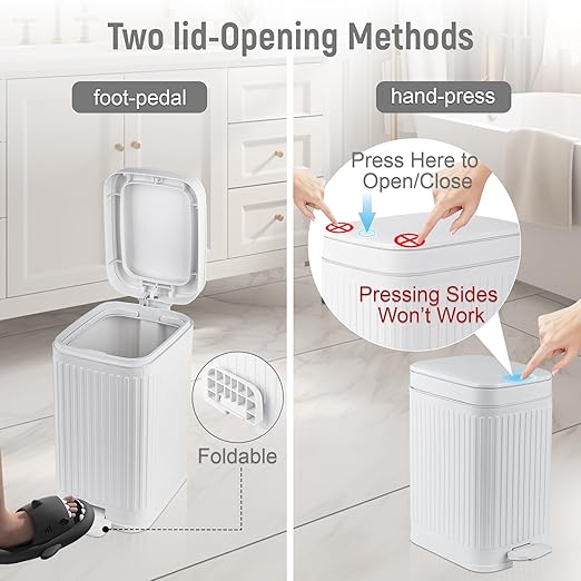 Small Bathroom Trash Can with Lid 1.9 Gallon Step Trash Can Slim Garbage Can with Soft-Close Waste Bin for Bathroom, Bedroom, Office, Dorm, RV, White
