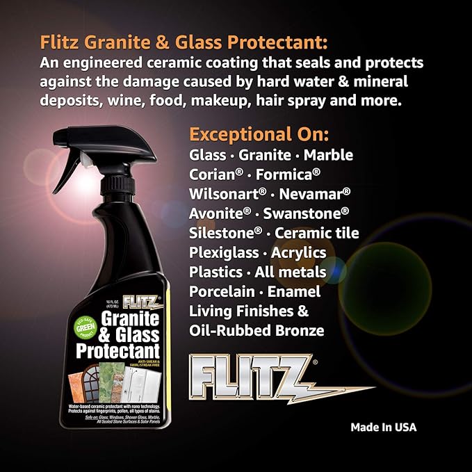 Flitz Granite & Glass Protectant - 16oz Bottle of USA-Made Granite Sealer and Glass Countertop Protector - Cleans & Prevents Liquid, Stains, & Others - Also Works on Marble & All Metals (1 Pack)