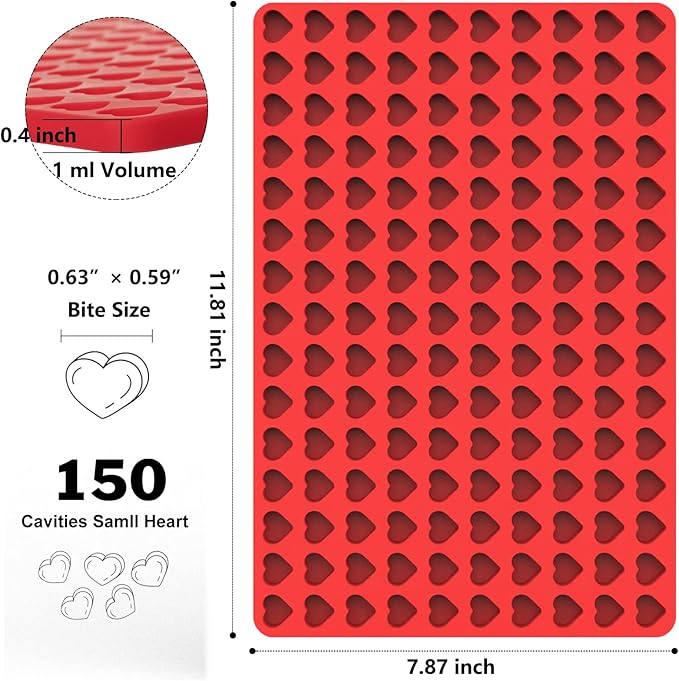 Mini Heart Silicone Mold, 150 Cavities Heart Shape Chocolate Molds for Homemade Candy/Fondant/Gummy/Jelly, Food Grade Hearts Mold for Fruit Snack/Pet Treats/Snacks Biscuits (with a Scraper)
