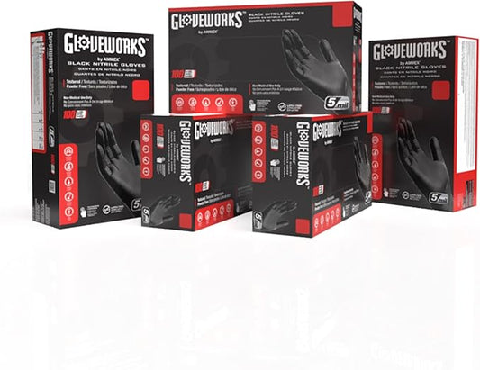 GLOVEWORKS Black Nitrile Gloves Disposable Latex Free, 5 Mil Industrial, For Mechanic, Cleaning, Cooking, Kitchen, Food Grade