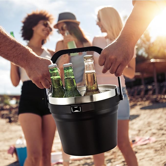 COKTIK 7L Insulated Ice Bucket with Lid，Double Wall Vacuum Stainless Steel Beverage Bucket Keeps Frozen Longer，Holds 6 Longnecks or 3 Bottles of Wine，for Cocktail, Champagne, Large Parties(Black)