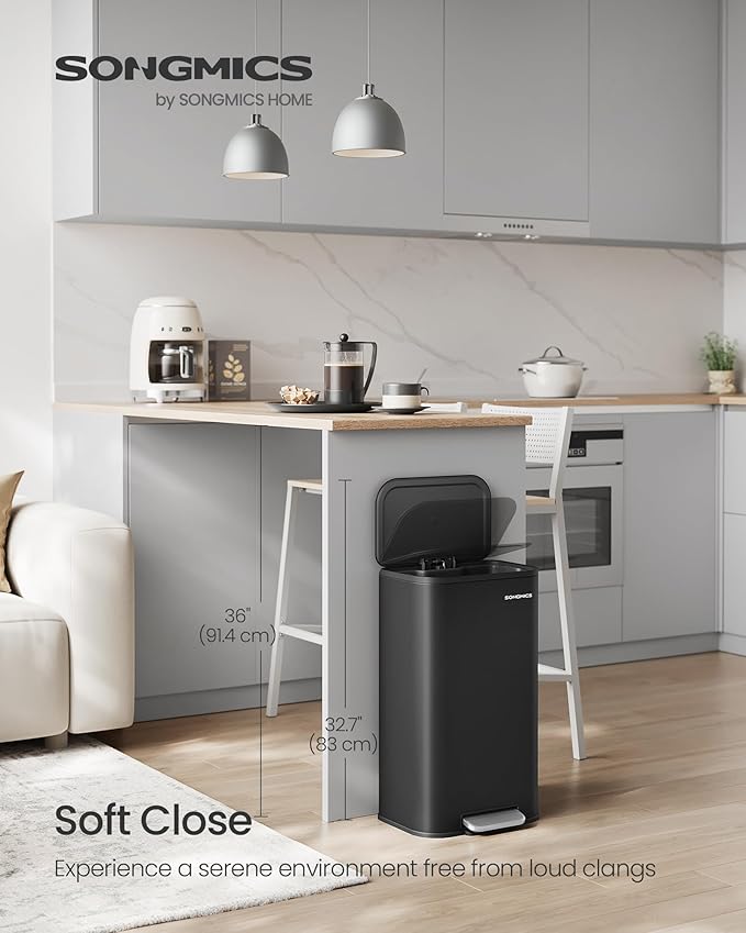 SONGMICS Kitchen Trash Can, 8-Gallon (30 L) Garbage Can with Lid, Stainless Steel, Soft Close and Stays Open, Inner Bucket, Wide Non-Slip Pedal, Ink Black ULTB546B01
