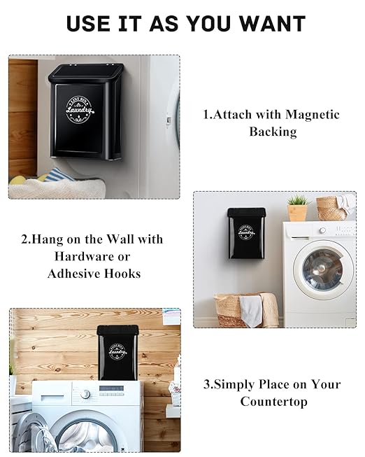 Magnetic Lint Bin for Laundry Room Organization and Storage with Brush, Wall-Mounted Laundry Dryer Lint Bin for Laundry Room Decor, Space-Saving Laundry Trash Can (Black)