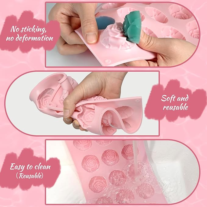 2PCS Flower Molds Silicone, 15-Cavities Small Rose Flower Silicone Molds, Non-Stick Rose Shape Valentine's Day Mold for Jelly Mini Soap Cake Mousse Ice Cream Tray Baking Molds