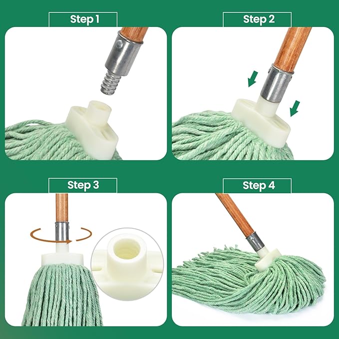 Matthew Cleaning Screw-on Heavy Duty Cotton Wet Mop Replacement Heads(Green, Medium,3Pack) with 2 Pack Microfiber Cloth for Residential & Commercial Floor Cleaning Use- Fit Standard American Screw
