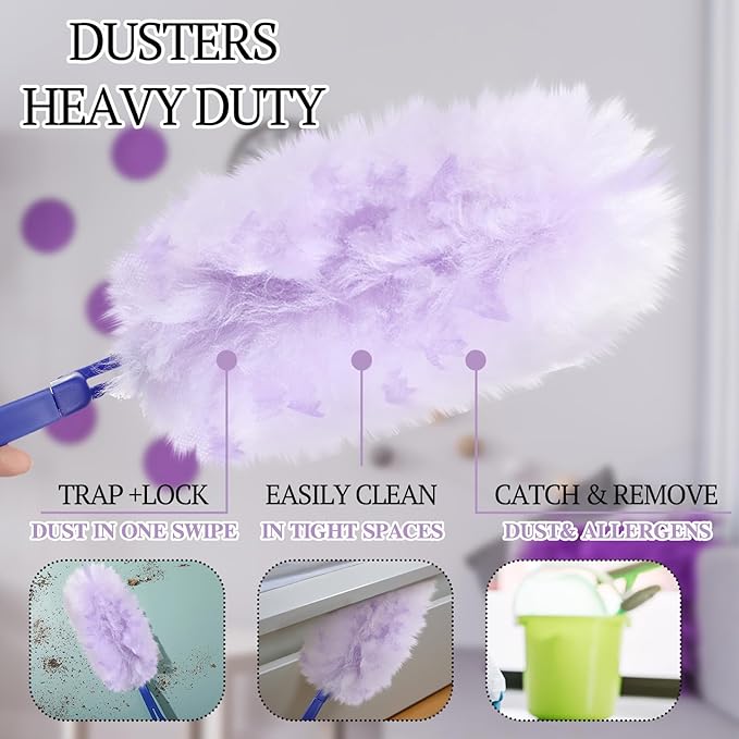 Vesici 100 Pcs Duster Refills Compatible with Swiffer Dusters Bulk Disposable Replacement Thickened with 1 Handle Heavy Duty for Cleaning, Office (Purple)
