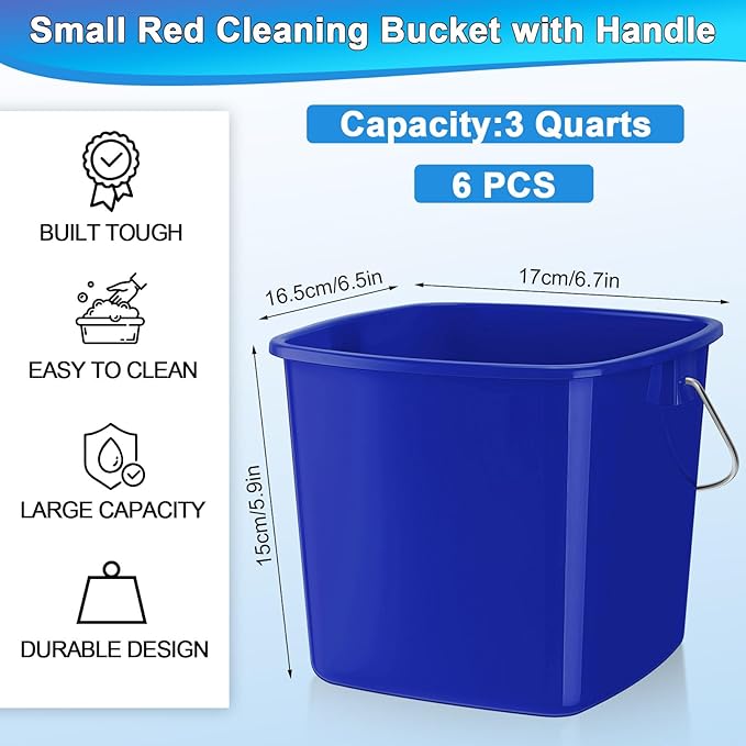Zhehao 6 Pcs 3 Quart Cleaning Bucket Small Detergent Square Bucket Sanitizing Plastic Pail with Handles Square Cleaning Pail for Home, Offices, School, Commercial Use, Food Service (Dark Blue)