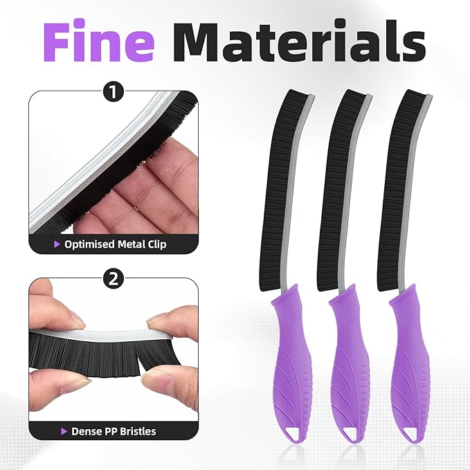Hard Bristle Crevice Cleaning Brush - Cleaning Supplies - Grout Cleaning Brushes for Household Use - Crevice Cleaning Tool for Bathroom, Home and Kitchen (3, Purple)